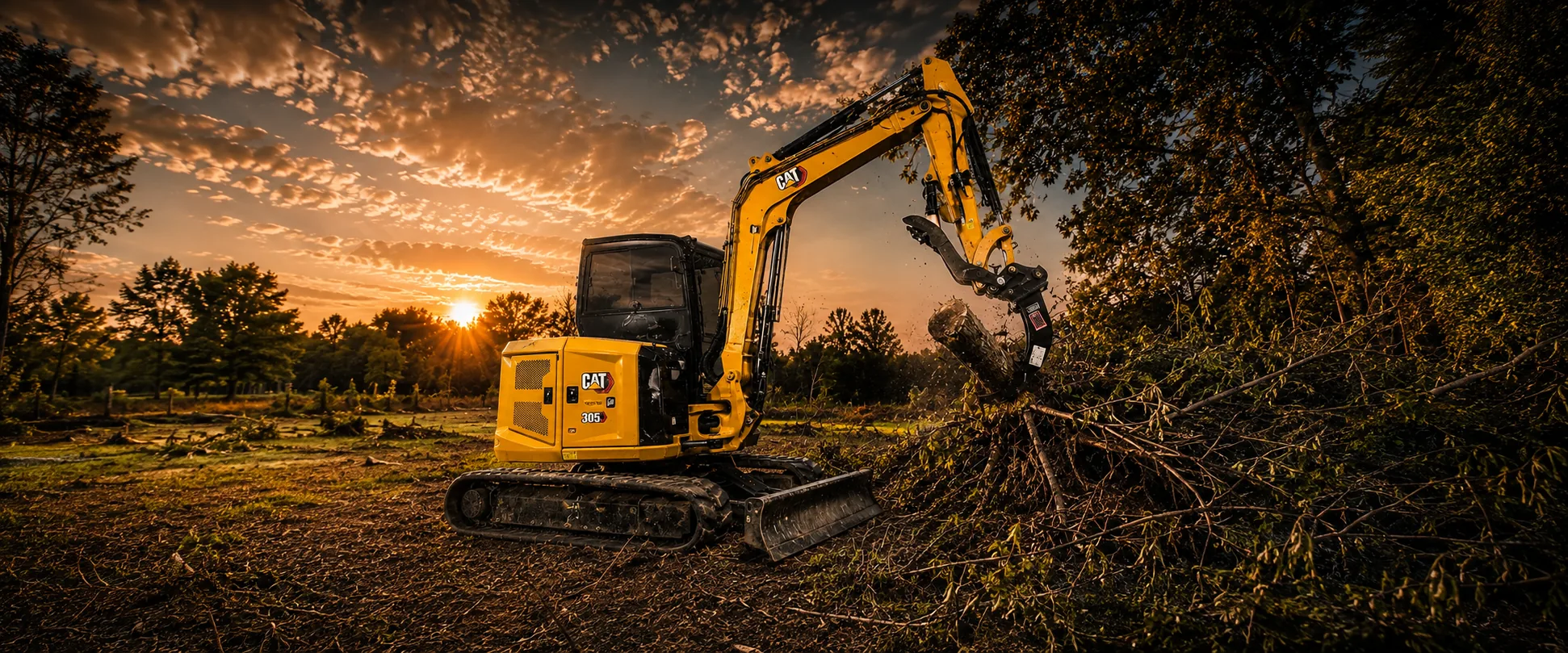 Wildwood Forge mini excavator with thumb attachment clearing brush at sunset
