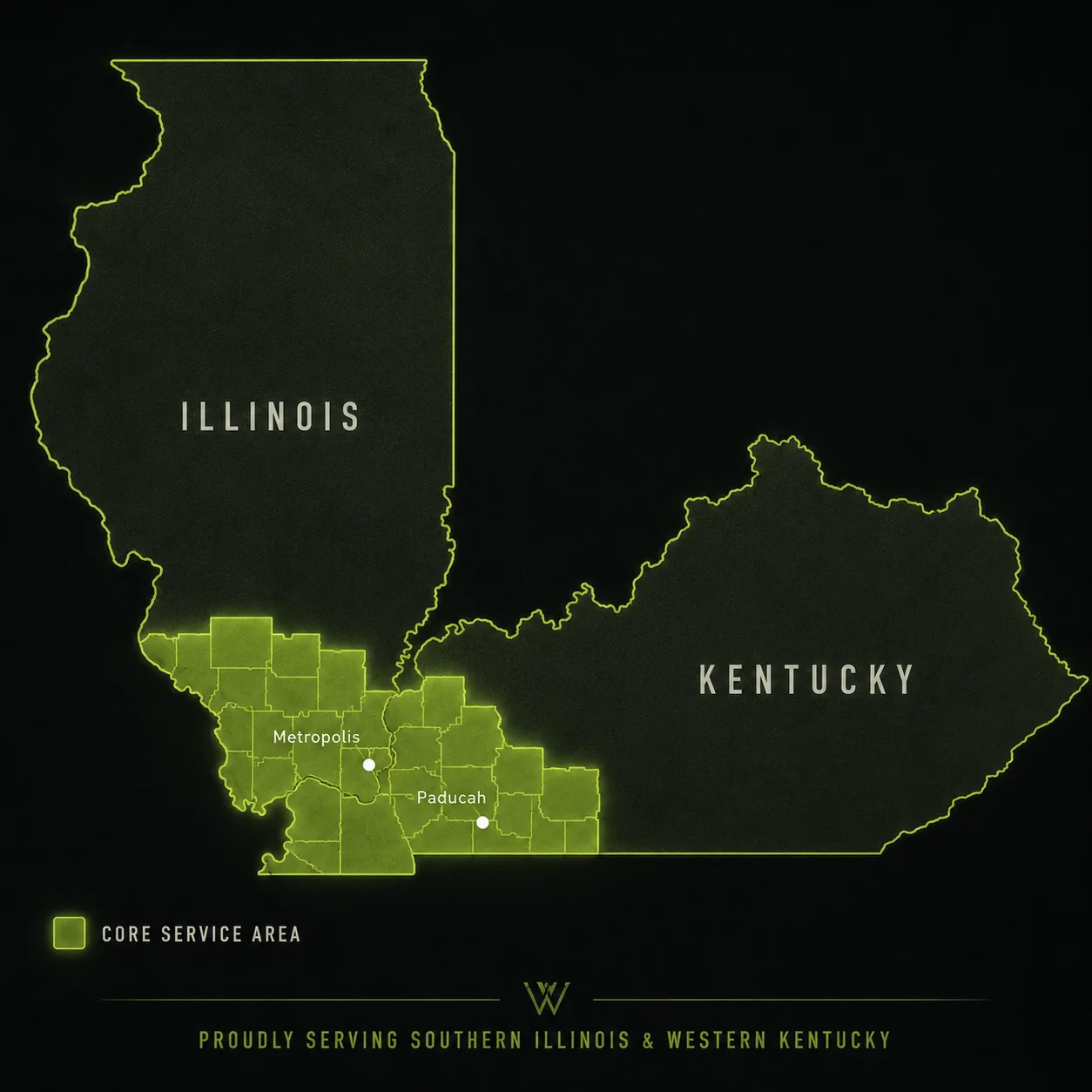 Wildwood Forge service area map showing counties served across Southern Illinois and Western Kentucky
