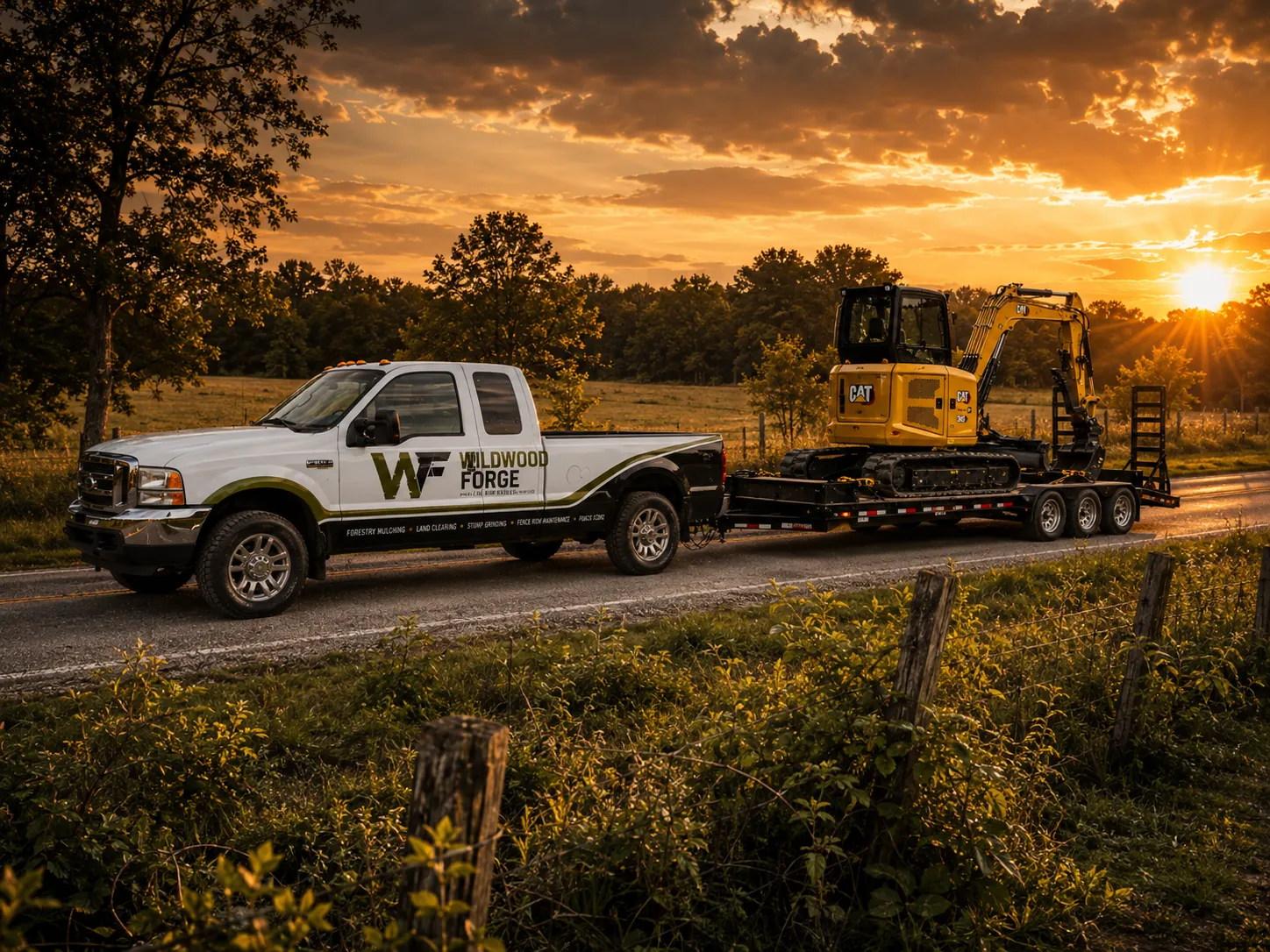Wildwood Forge truck and mini excavator parked by a fence line